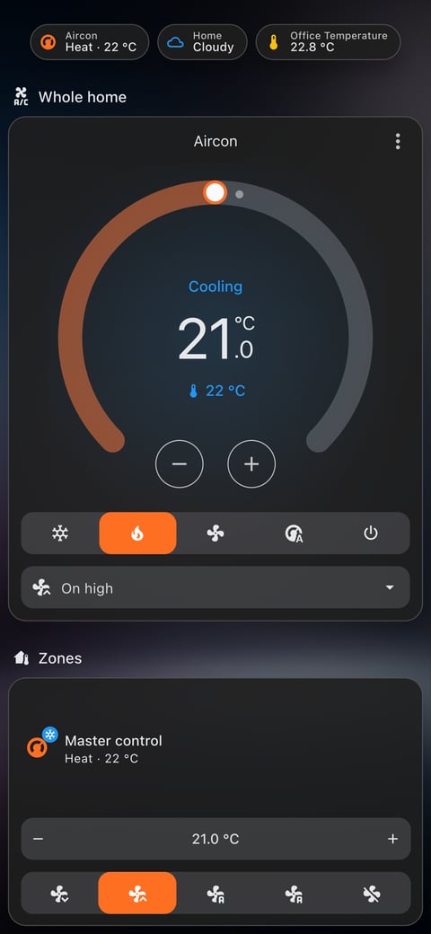 Home Assistant aircon lab dashboard running the Frosted Glass theme (Lite dark), on a phone