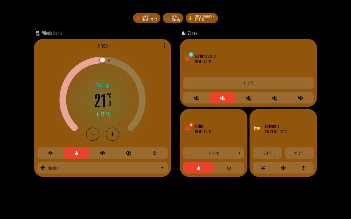 Home Assistant aircon lab dashboard running the LCARS theme (Lower Decks), on desktop