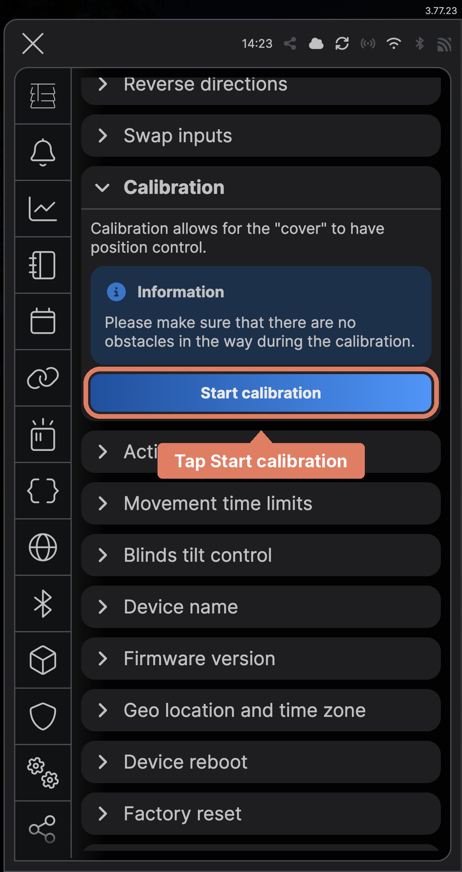 Shelly app Calibration setting for a Shelly 2PM Gen4 named Living room blind, with Start calibration marked.