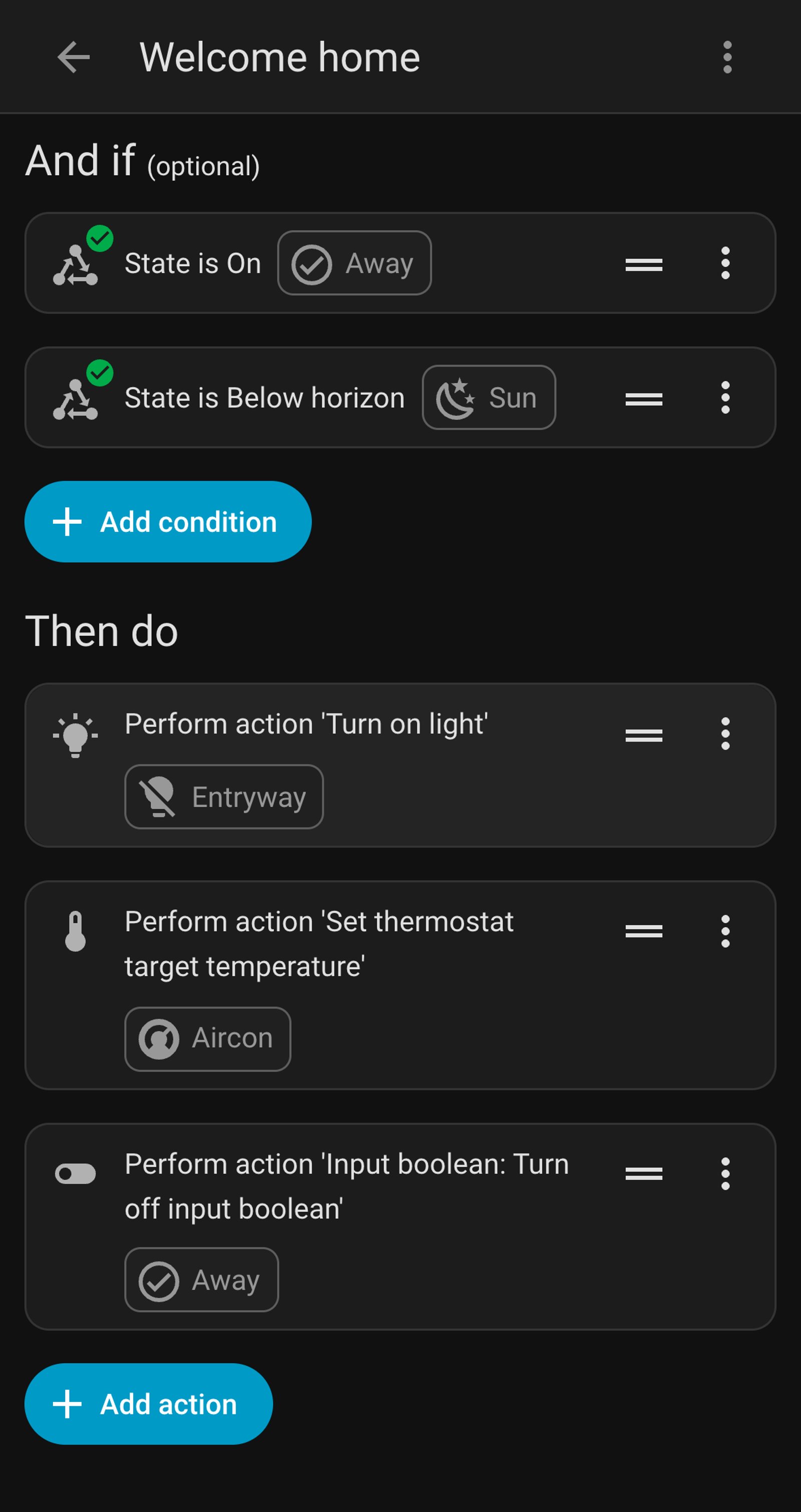 Home Assistant Welcome home actions: turn on the Entryway light, set the Aircon target temperature and turn off Away