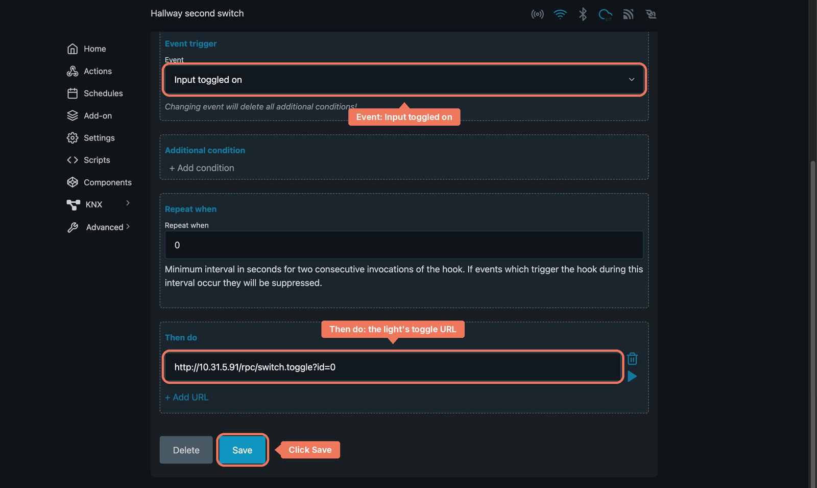 Shelly web interface action for Hallway second switch with the event Input toggled on and the relay's toggle URL under Then do, and Save marked.