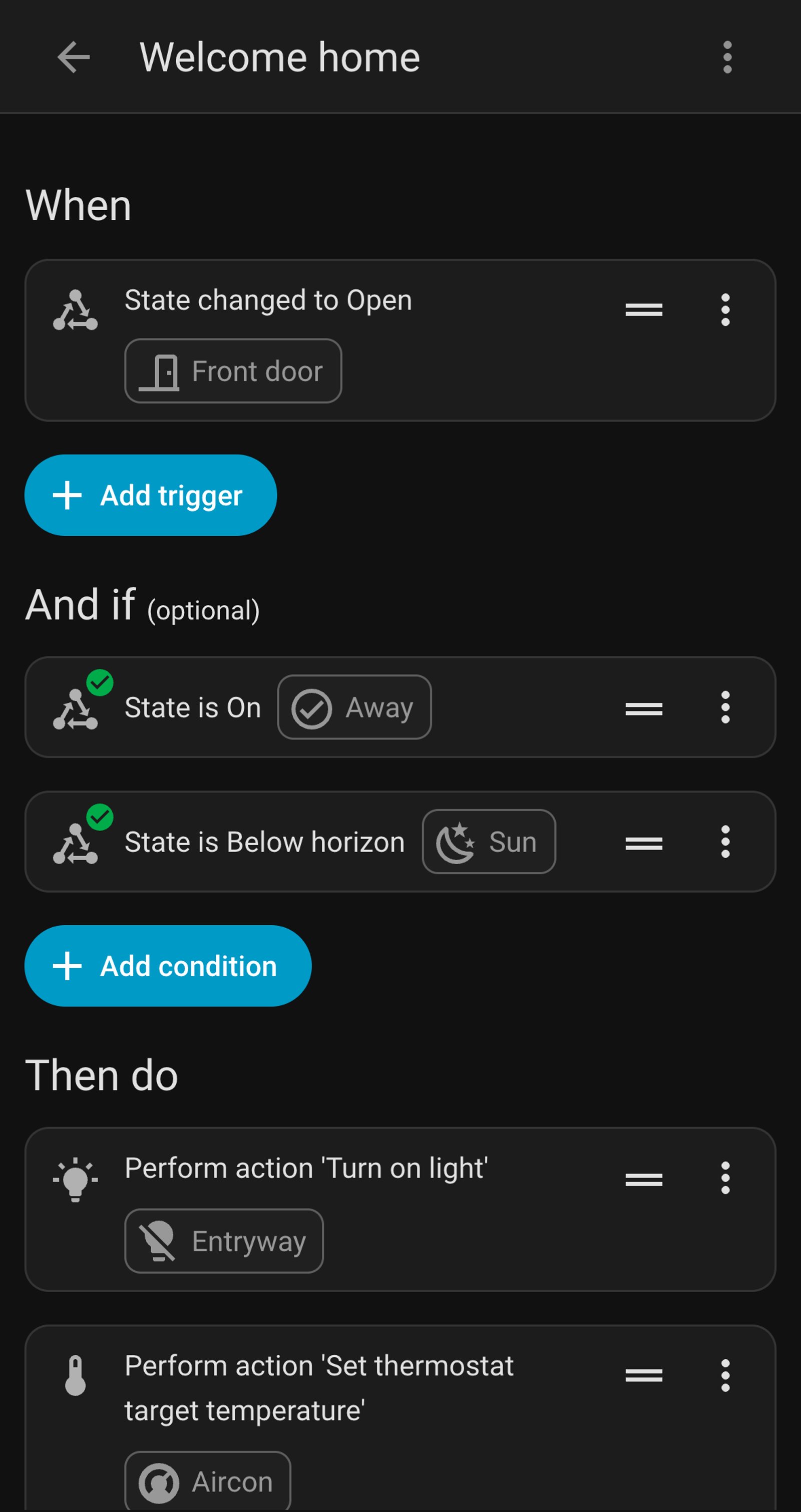 Home Assistant automation Welcome home: when Front door changes to Open, and if Away is on and the sun is below the horizon