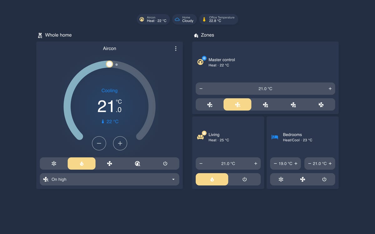 Home Assistant aircon lab dashboard running the Noctis theme (Dark), on desktop