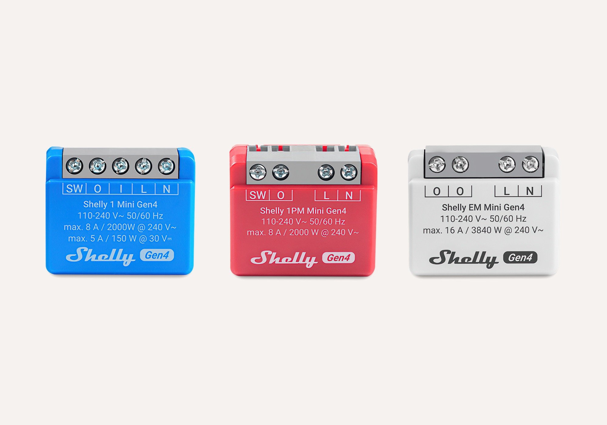 Shelly 1 Mini Gen4 in blue, 1PM Mini Gen4 in red and EM Mini Gen4 in white