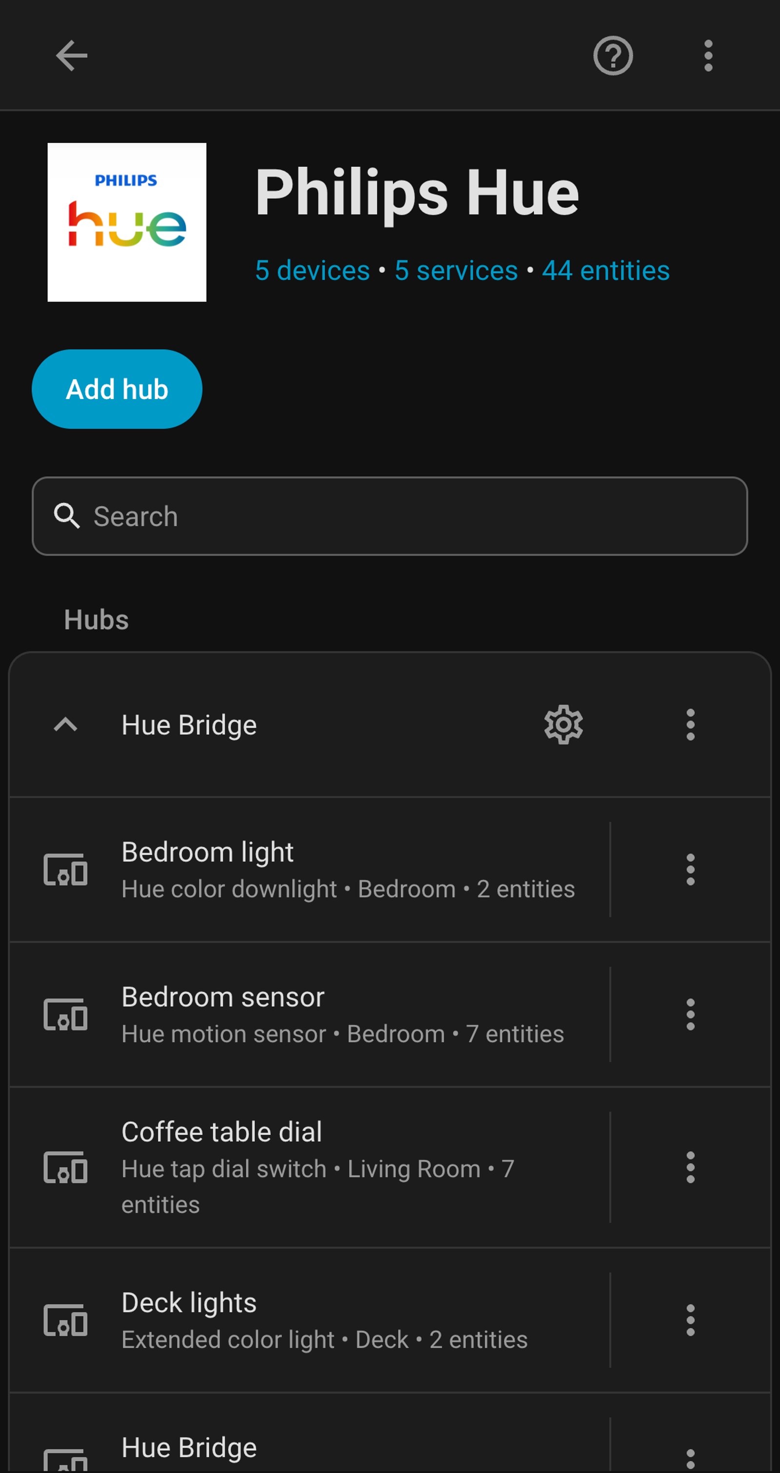Home Assistant Philips Hue integration page with the Hue Bridge hub and the Hue devices it brings in.