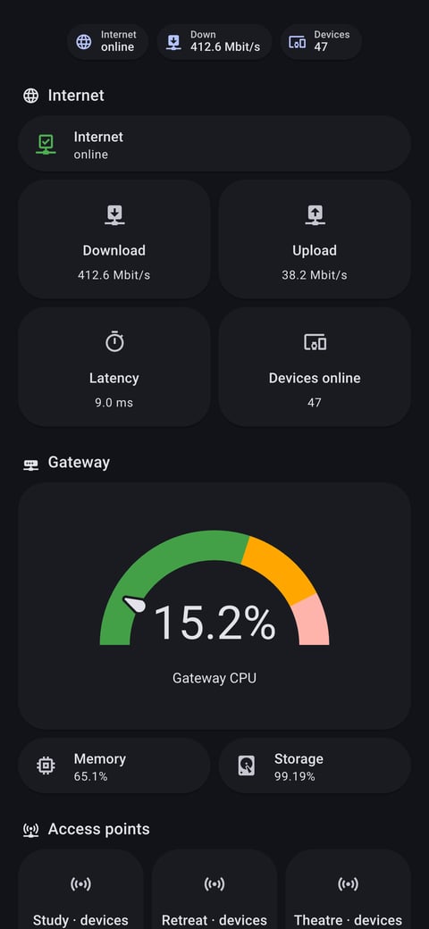 Home Assistant network lab dashboard running the Material You theme (Dark), on a phone