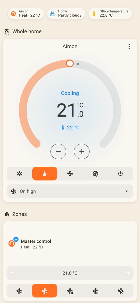 Home Assistant aircon lab dashboard running the Warm Burnout theme (Light), on a phone