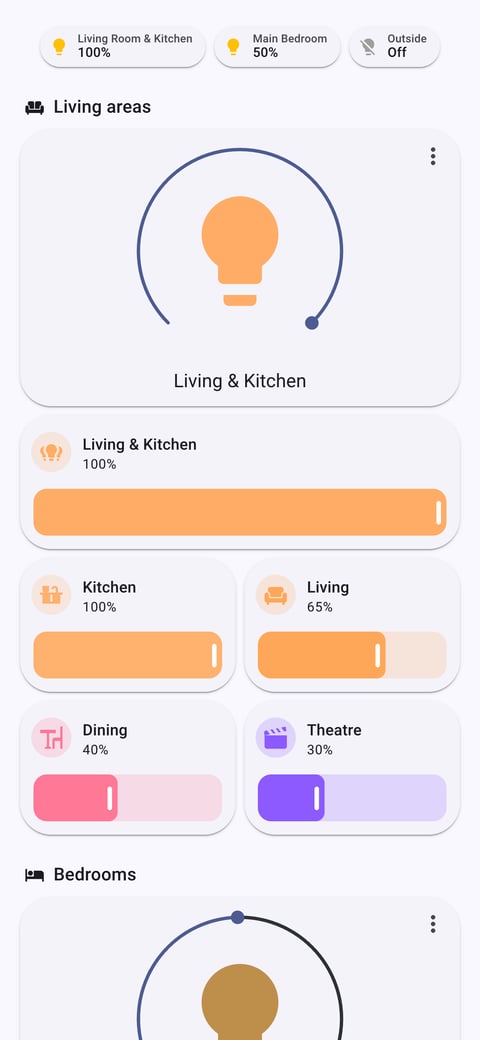 Home Assistant lights lab dashboard running the Material You theme (Light), on a phone
