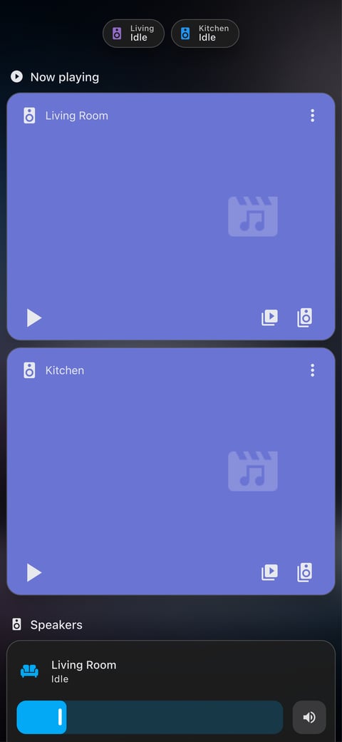 Home Assistant media lab dashboard running the Frosted Glass theme (Dark), on a phone