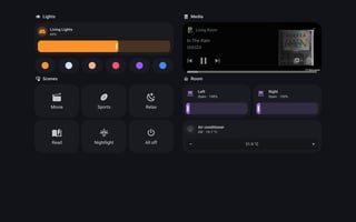 Home Assistant living room dashboard on desktop, showing a brightness slider at 60 percent with six colour presets, six scene buttons, a Sonos card playing an album, blind position sliders and an air conditioner tile