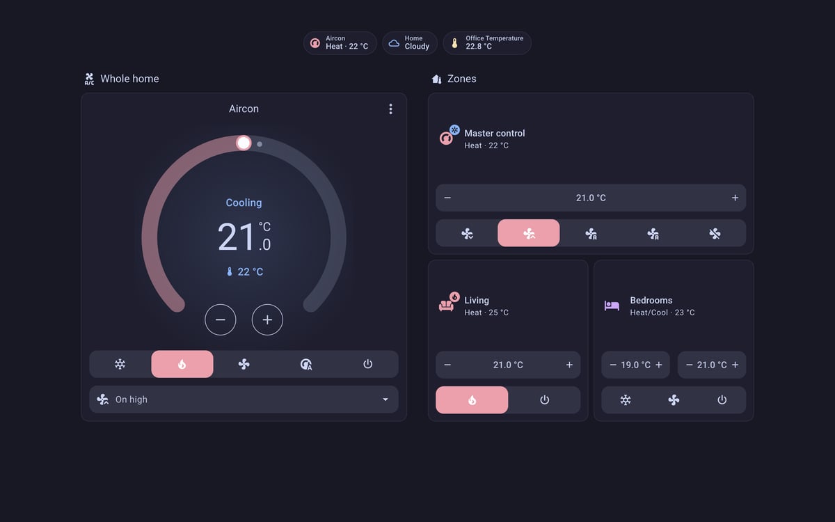 Home Assistant aircon lab dashboard running the Catppuccin theme (Mocha), on desktop