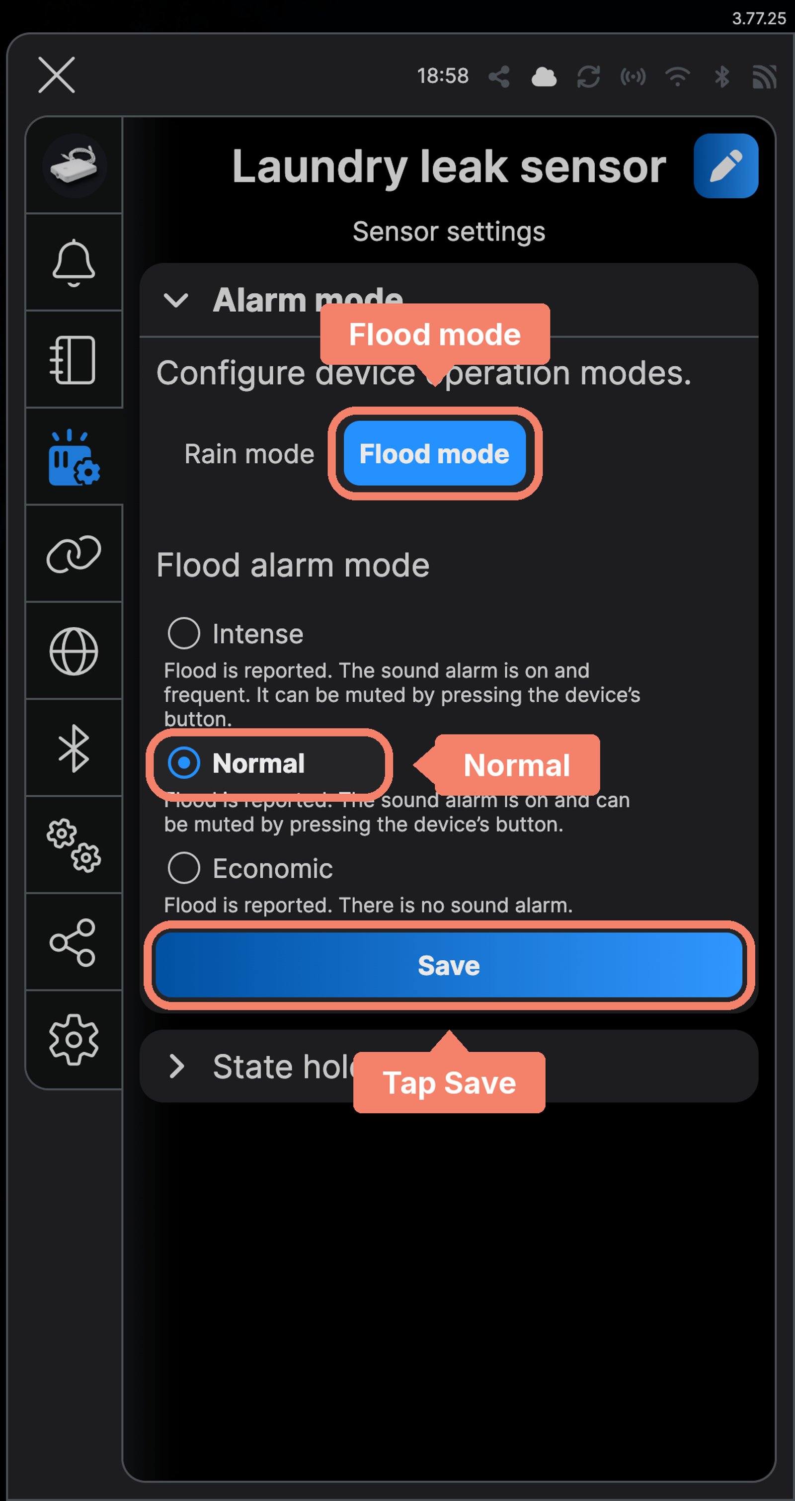 Shelly app sensor settings for Laundry leak sensor, with Flood mode and the Normal alarm labelled and Save marked.
