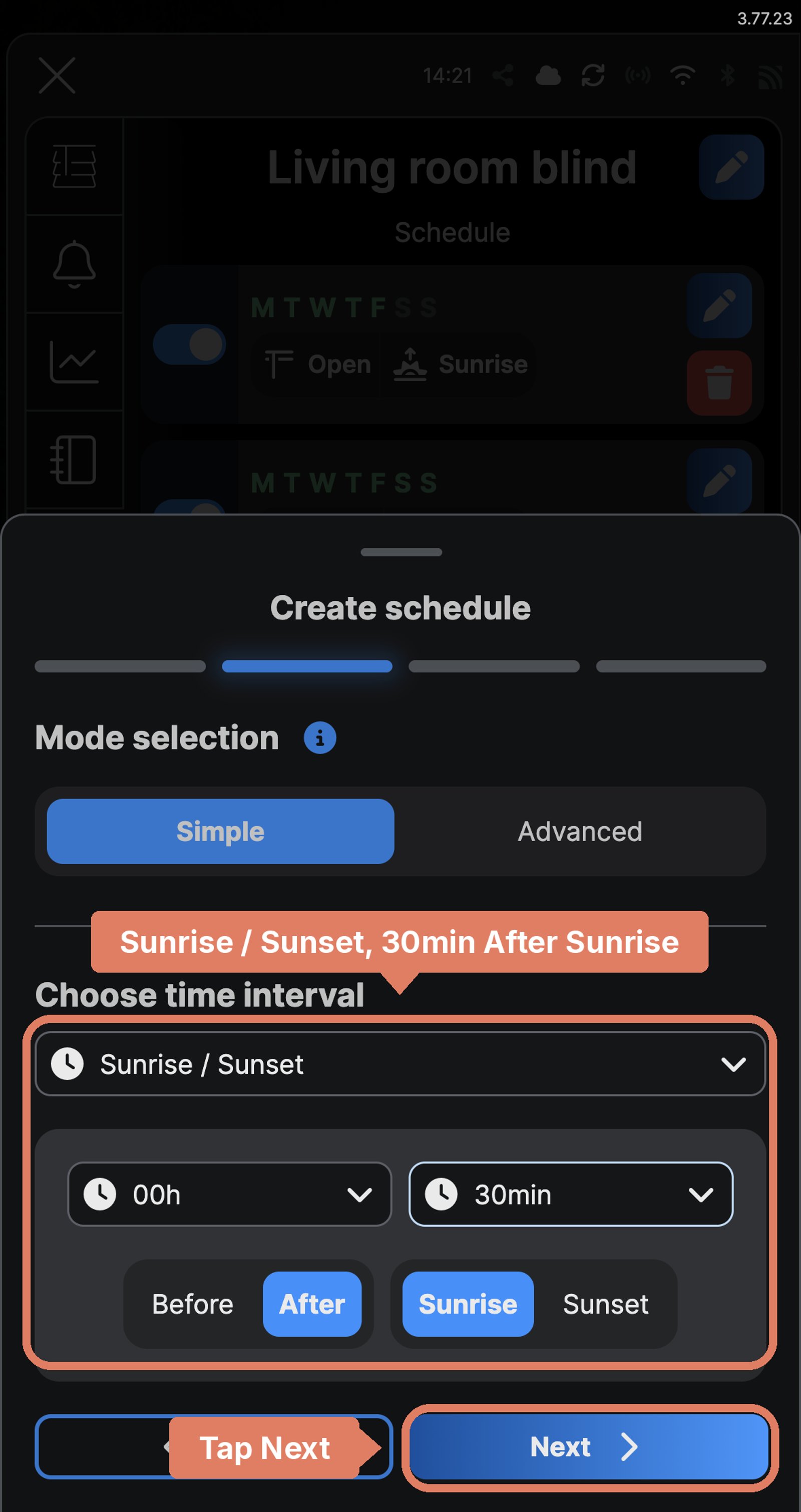 Shelly app Create schedule screen for Living room blind, with Sunrise / Sunset and 30min After Sunrise labelled and Next marked.