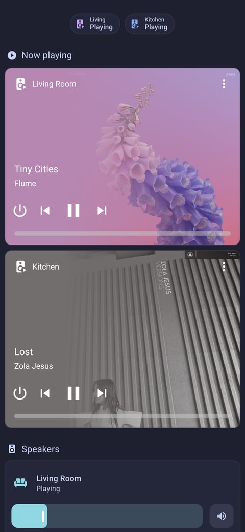 Home Assistant media lab dashboard running the Catppuccin theme (Macchiato), on a phone