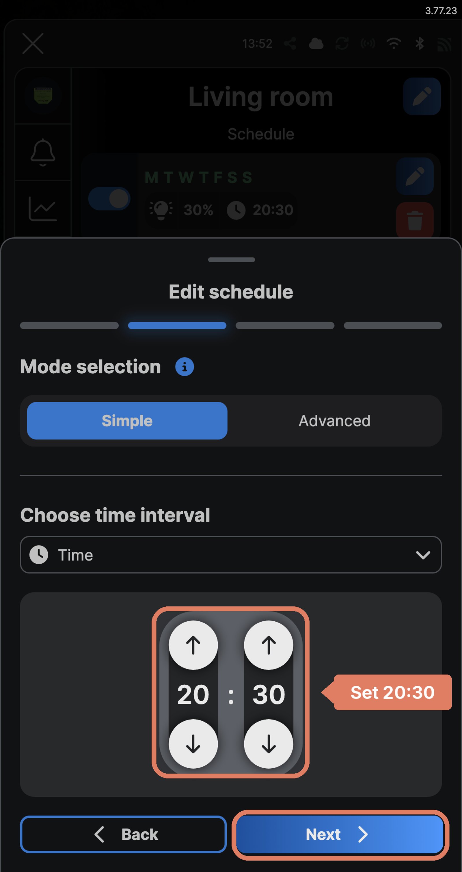 Shelly app schedule time step for a Shelly Dimmer Gen4 named Living room, set to 20:30, with the time and Next marked.