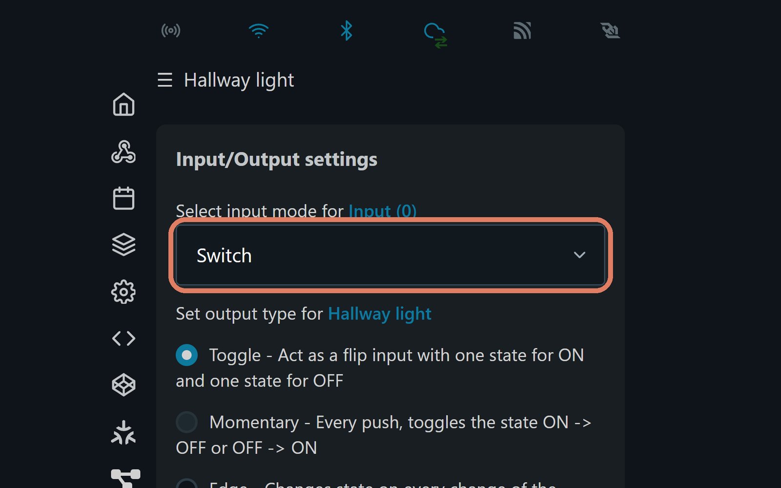 The Shelly web page's Input/Output settings, with the input mode set to Switch marked