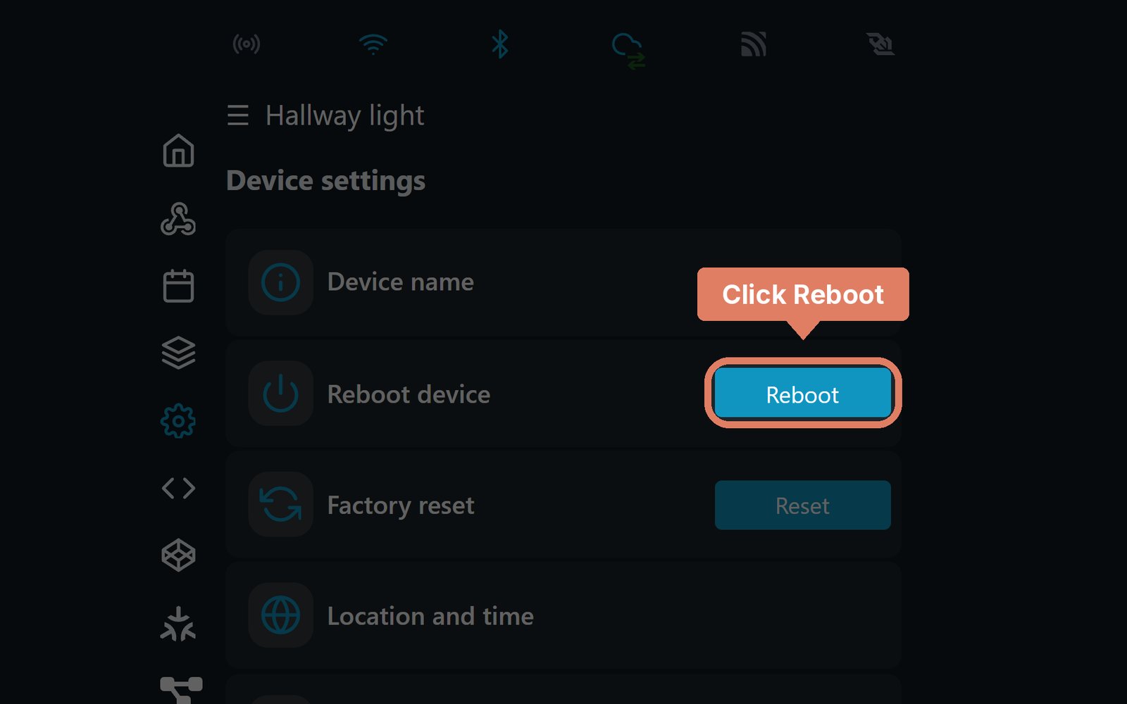 The Shelly web page's Device settings, with the Reboot button marked
