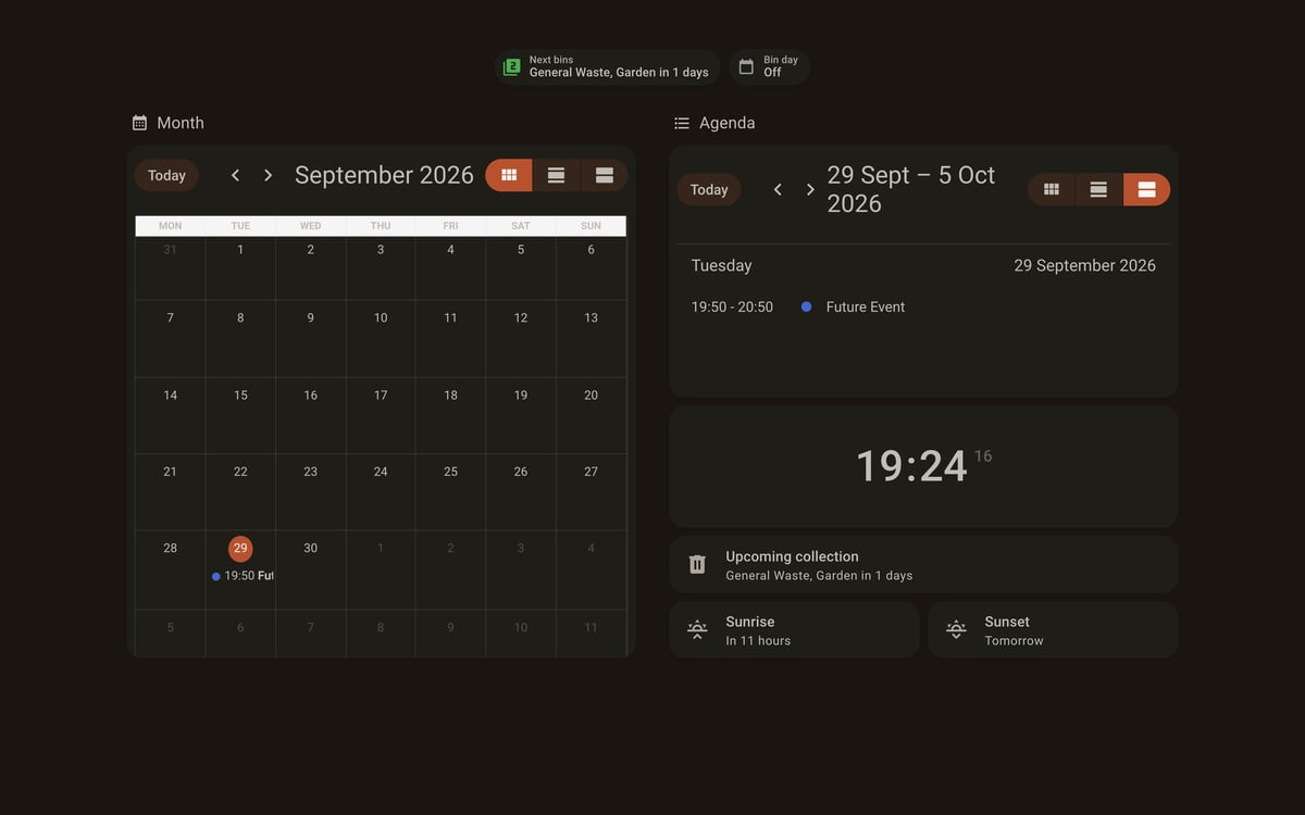 Home Assistant calendar lab dashboard running the Warm Burnout theme (Dark), on desktop