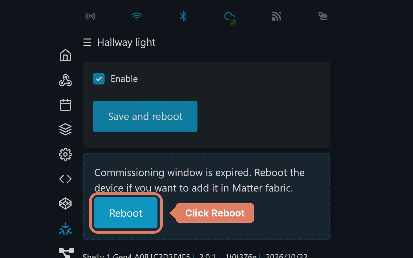 The Shelly web page's Matter page, with the Reboot button under the expired message marked