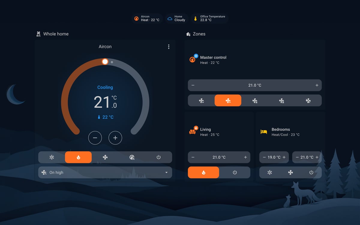 Home Assistant aircon lab dashboard running the Simple Dreams theme (Dark), on desktop