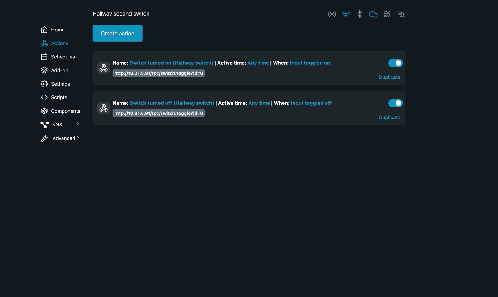 Shelly web interface Actions page for Hallway second switch, listing Switch turned on and Switch turned off, both enabled.