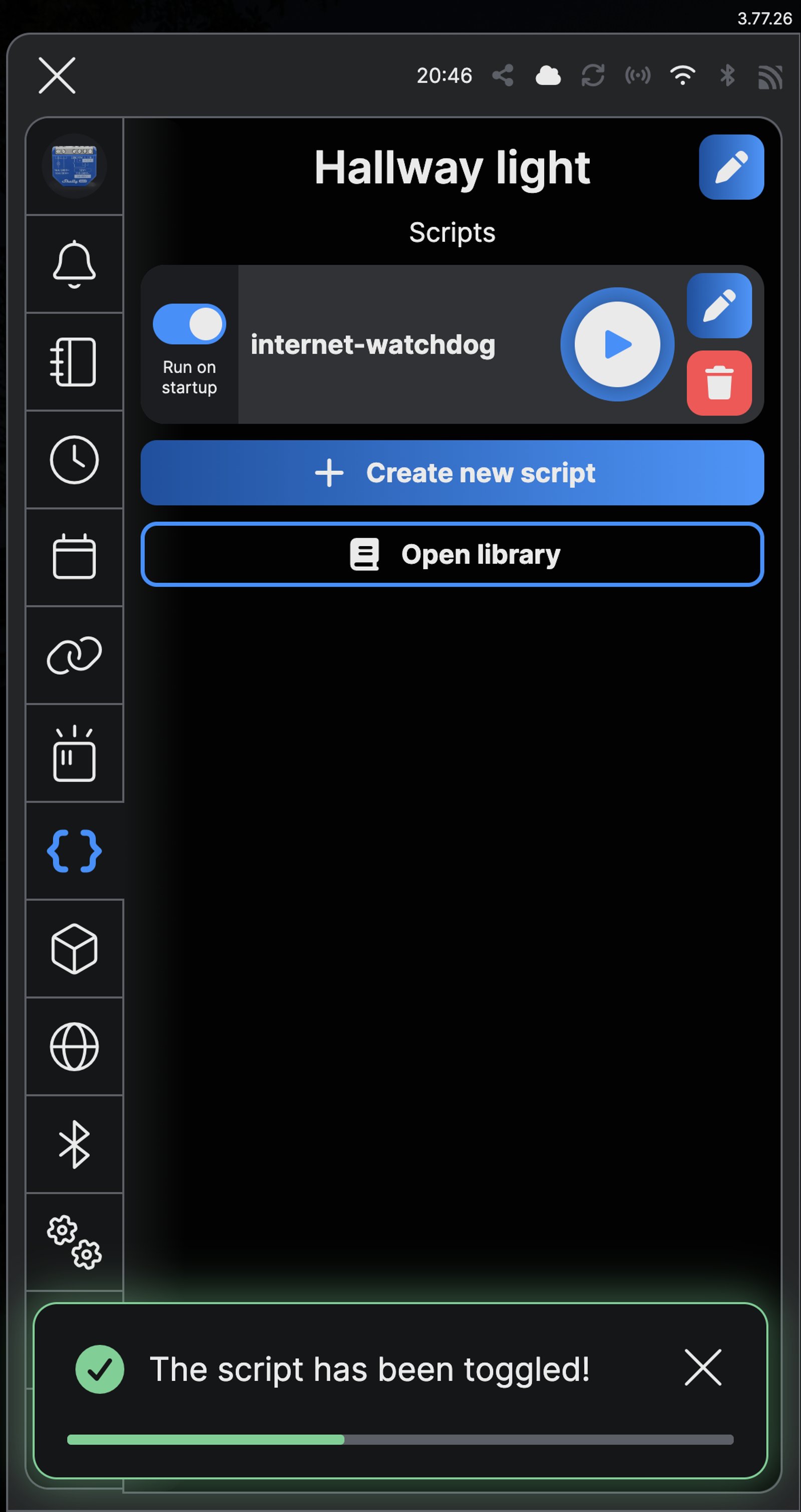 Shelly Smart Control Scripts screen with Run on startup turned on for internet-watchdog and a message reading The script has been toggled