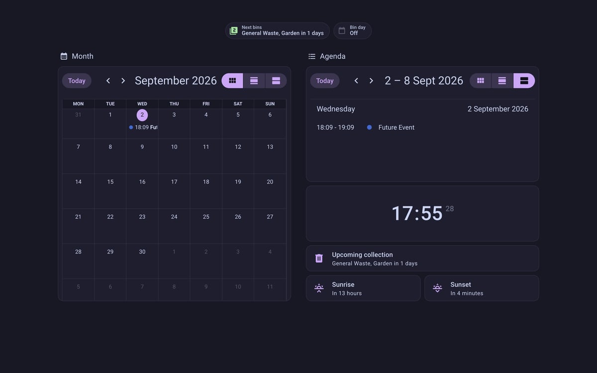 Home Assistant calendar lab dashboard running the Catppuccin theme (Mocha), on desktop