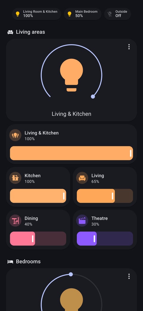 Home Assistant lights lab dashboard running the Material You theme (Dark), on a phone