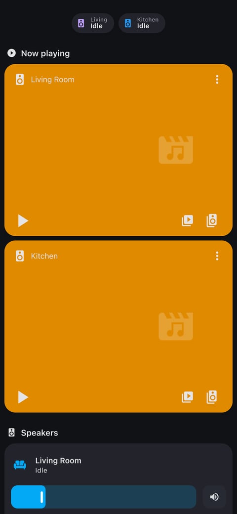 Home Assistant media lab dashboard running the Graphite theme (Dark), on a phone