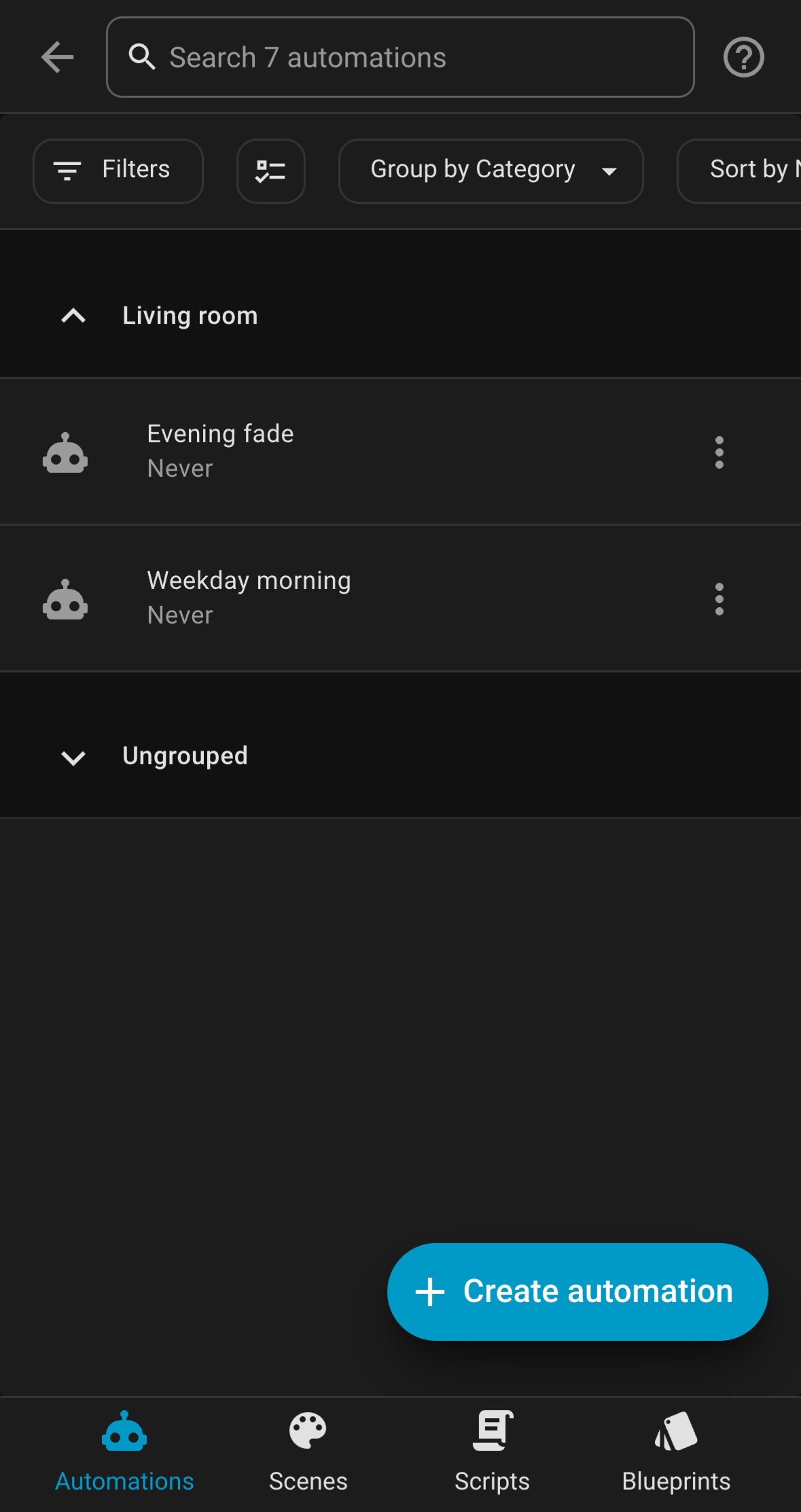 Home Assistant automations list showing Evening fade and Weekday morning.