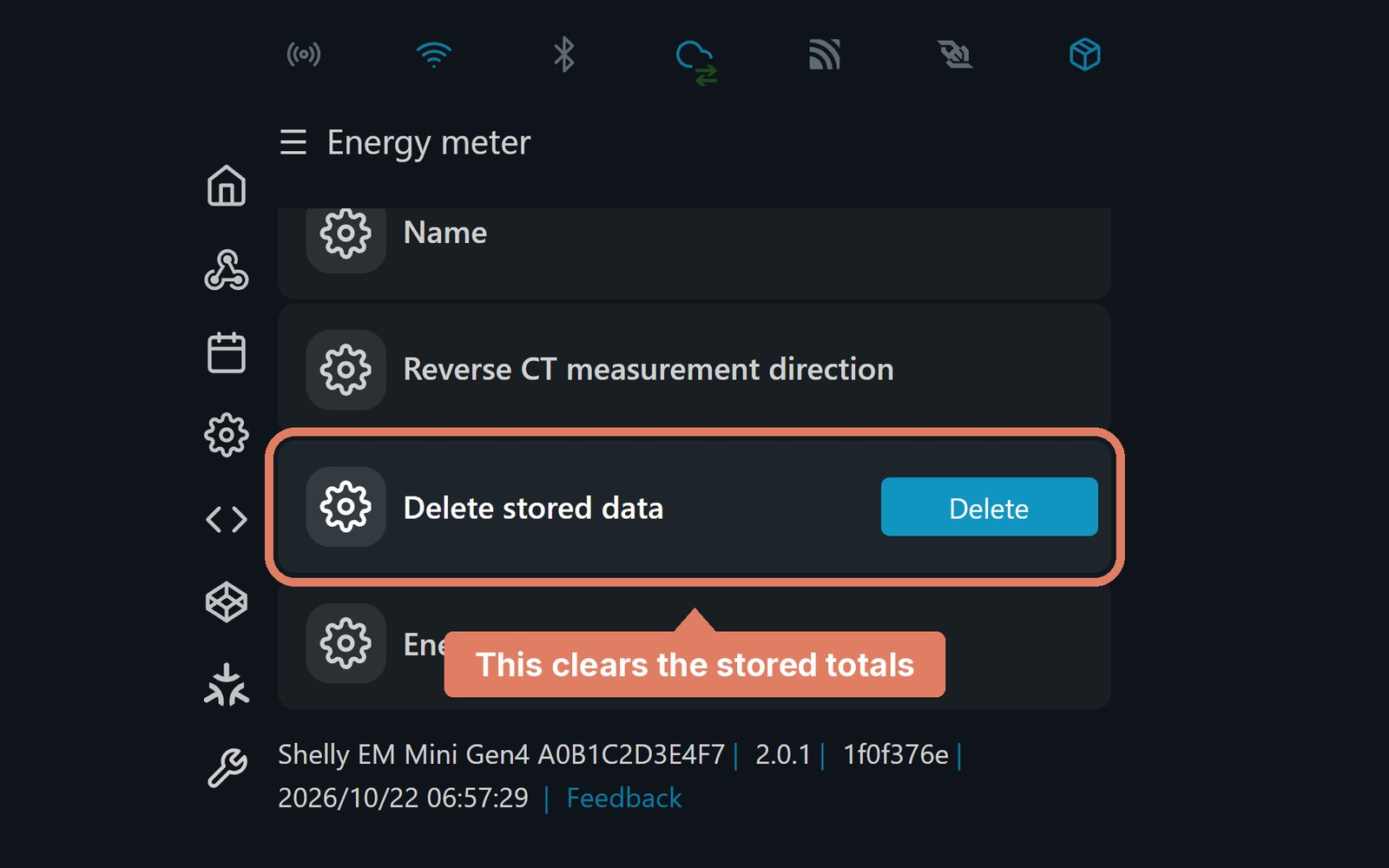 The Shelly EM Mini Gen4 web page's settings, with Delete stored data marked
