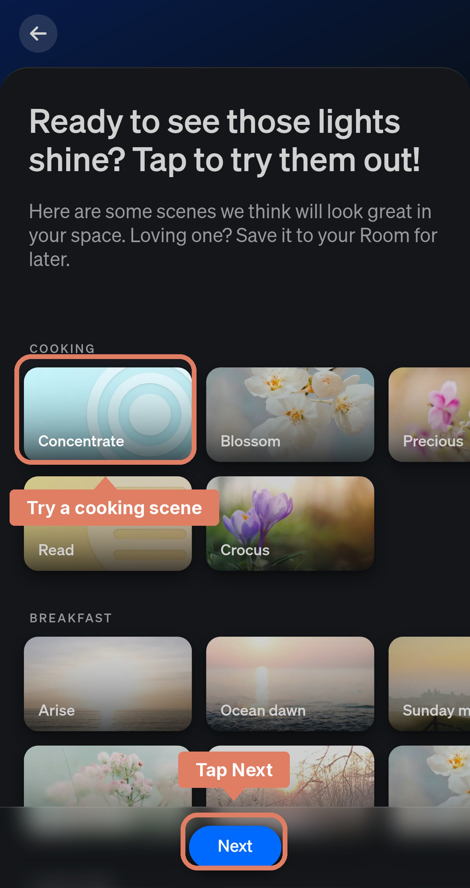 Philips Hue app scene suggestions for the Kitchen, with a cooking scene labelled to try and Next marked.