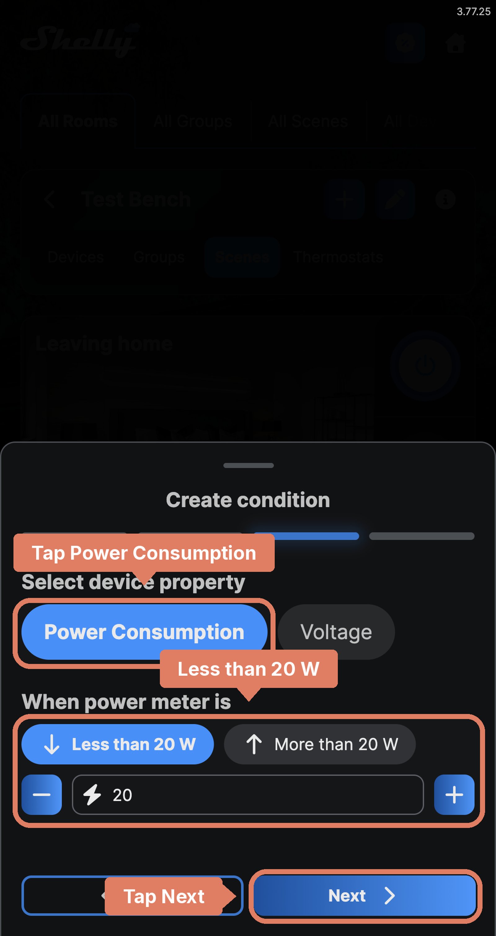Shelly app Create condition step with Power Consumption chosen and Less than 20 W set, with each setting labelled and Next marked.