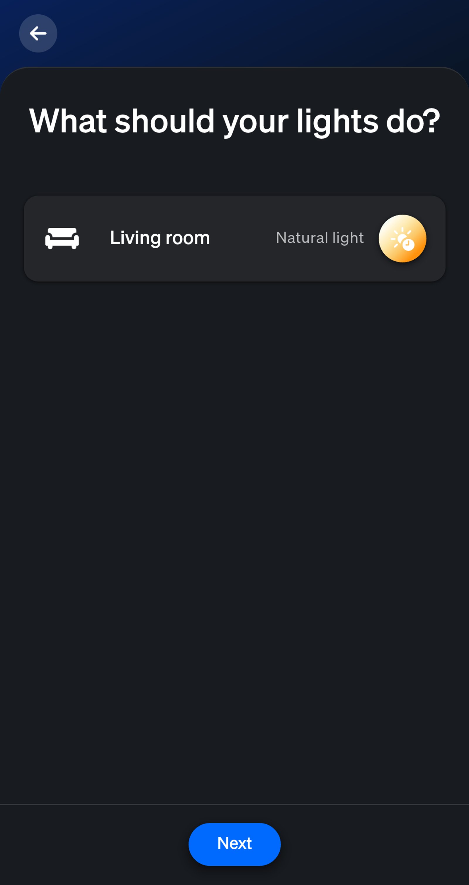 Philips Hue app Lighting schedule step with the Living room set to the Natural light scene.