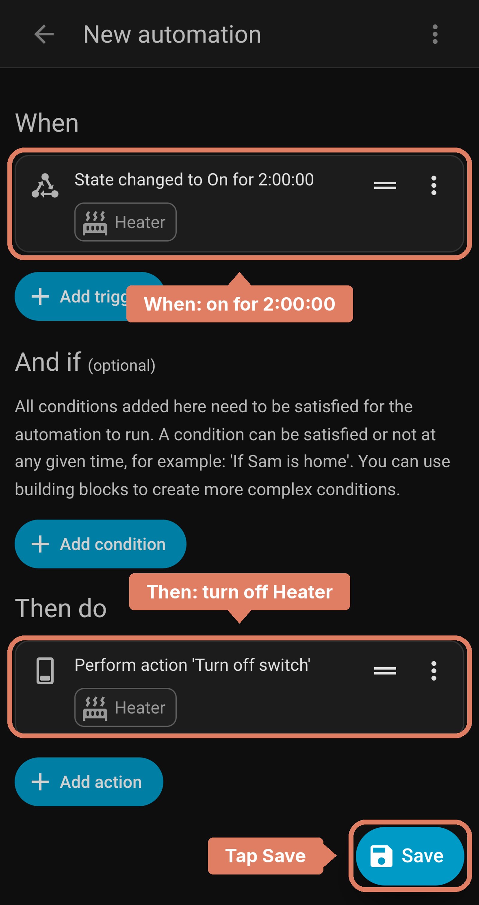 Home Assistant new automation before saving: when Heater has been on for 2:00:00, turn it off, with the trigger and action labelled and Save marked.